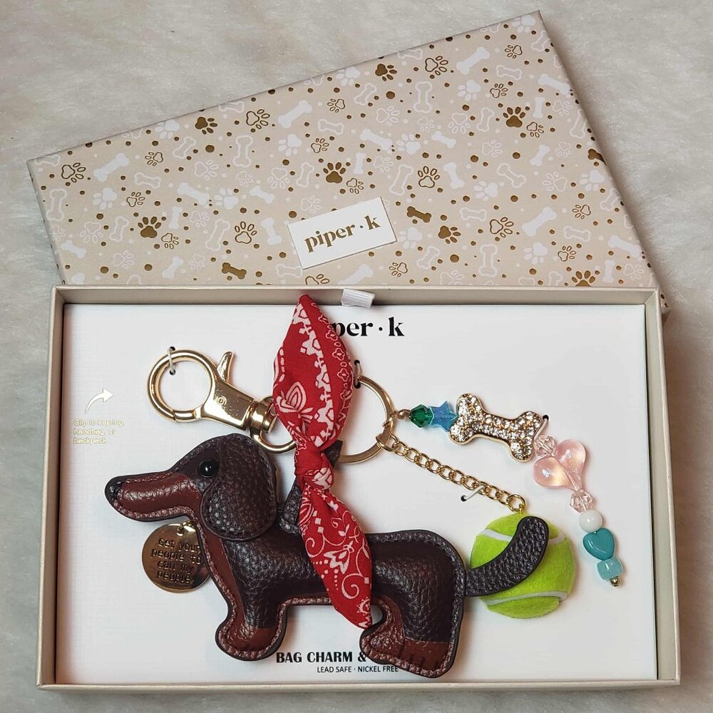 Boxed * PIPER K * Dachshund Dog Tennis Ball • Beads • Rhinestone Bone Bag Charm